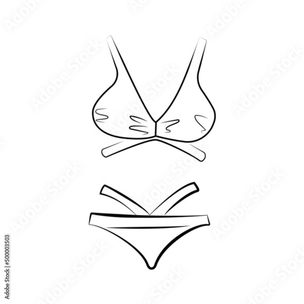Obraz Hand drawn bikini. Sketch of a women's swimsuit for summer vacation on the beach. Black outline on a white background. Vector