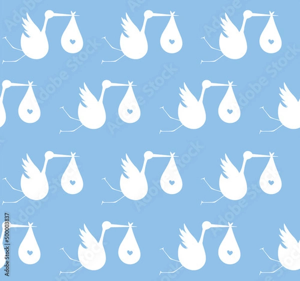 Fototapeta Seamless pattern with white storks on a blue background with baby boys. Suitable for wallpaper, wrapping or textile.