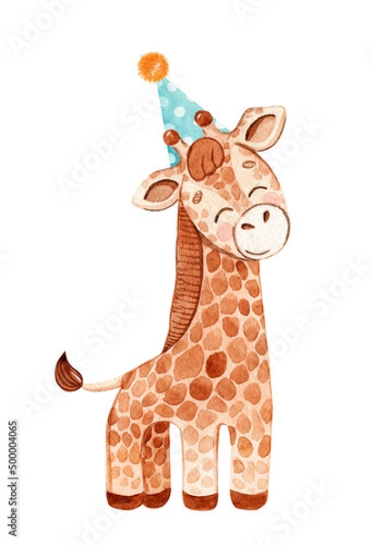 Obraz Watercolor giraffe in party hat isolated on white background