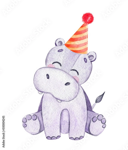 Obraz Watercolor hippo in party hat isolated on white background