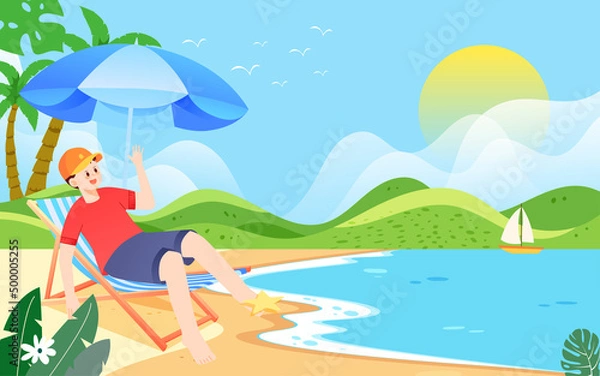 Obraz Boy sunbathing by the beach in summer, vector illustration