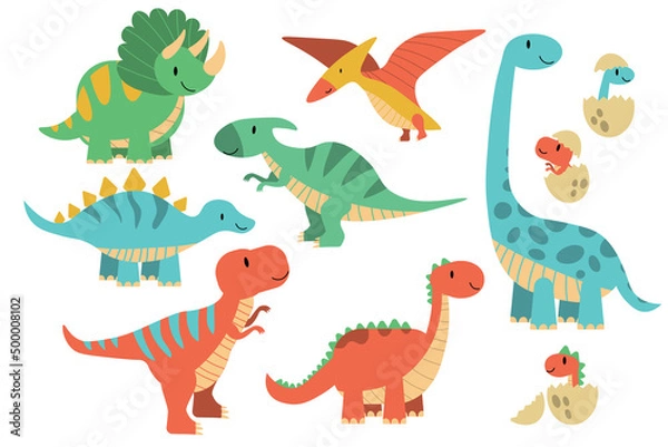 Fototapeta Cartoon dinosaurs. Baby dino prehistoric animals. Cute dinosaur, jurassic period animal stegosaurus brachiosaurus, trex and pterosaurs. EPS