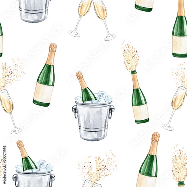 Obraz Watercolor champagne glass and bottle seamless pattern on white