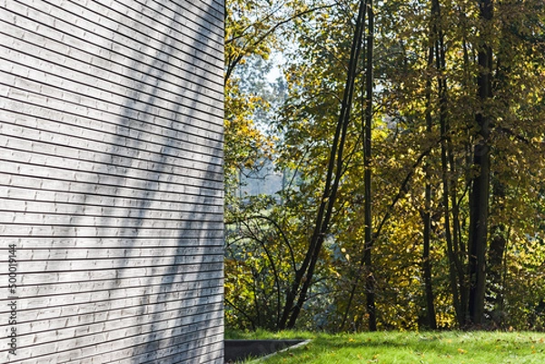 Obraz Detal architektoniczny na fragment elewacji domu jednorodzinnego wykonanego z drewna 