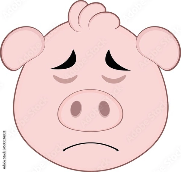 Fototapeta Vector illustration of the face of a cartoon pig with a sad expression