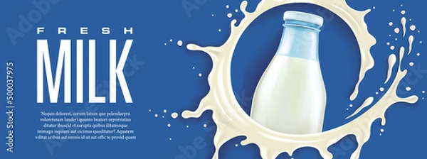 Obraz blue background  with fresh milk splash and bottle
