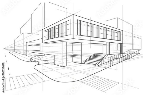 Fototapeta Linear arcitectural sketch office building perspective on white background