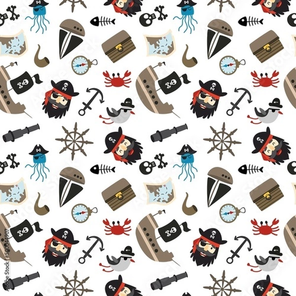 Fototapeta Seamless pattern pirates with ship, seagull, skull, anchor, treasure chest. Vector illustration for designs, prints and patterns. Isolated on white background.