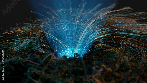 Fototapeta Wires forming the exit to the light. Data centralization concept. 3d render.