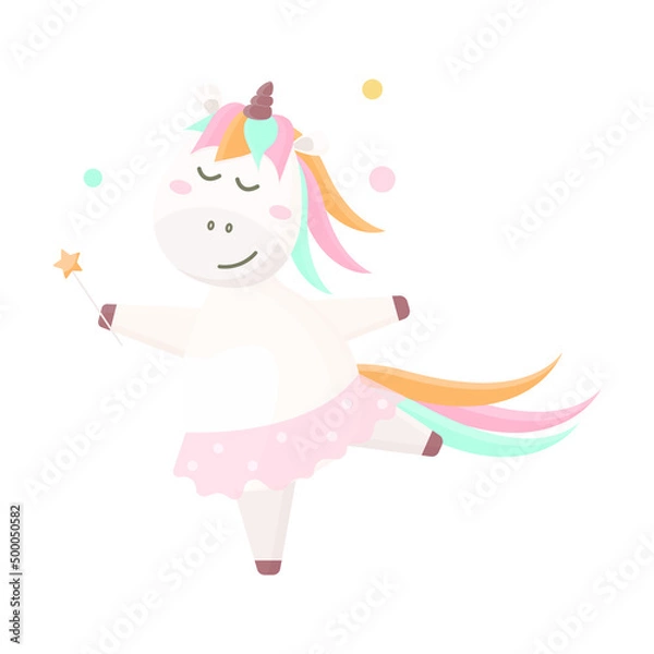 Fototapeta Cute unicorn with a magic wand dancing. Vector illustration in flat cartoon style. 