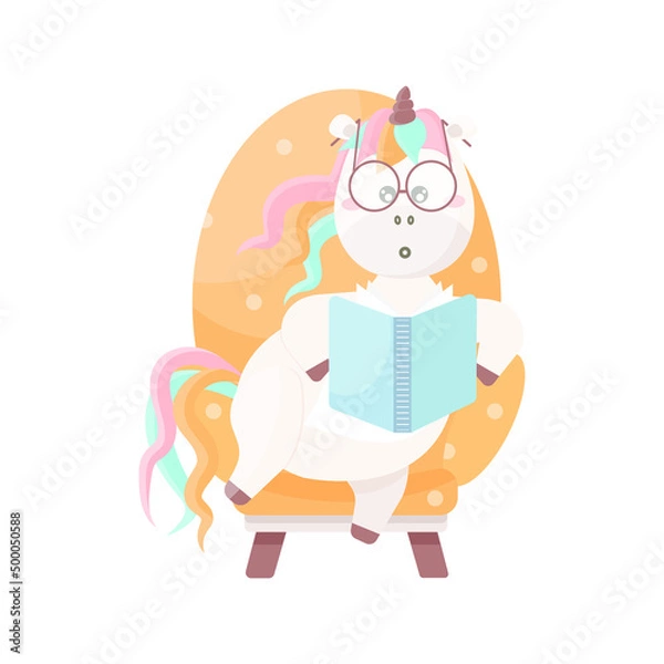 Fototapeta Cute unicorn reading a book, while sitting on the armchair. Vector unicorn illustration in flat cartoon style.