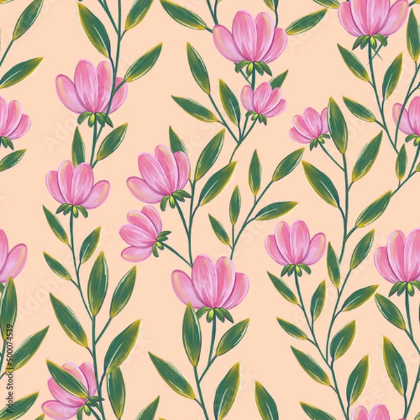 Obraz endless seamless pattern with pink flowers on a beige background
