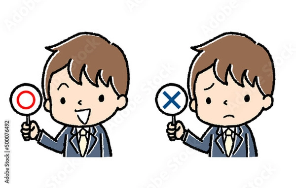 Fototapeta 〇×プレートを持つスーツの男性