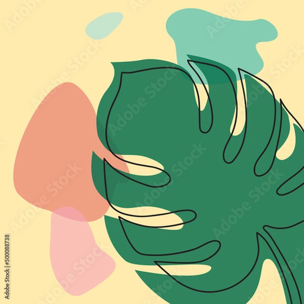 Fototapeta Abstract minimum contour line drawing of monstera leaf with color spots .Bright modern botanical illustration of a tropical plant.
