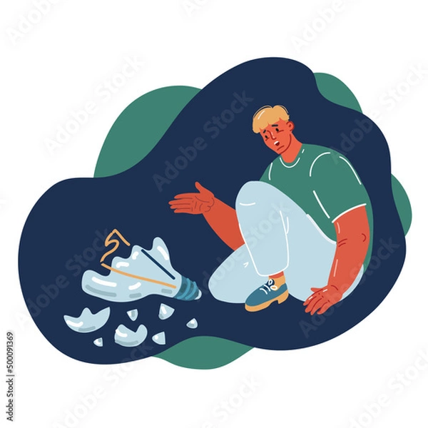 Fototapeta Cartoon vector illustration of man broken idea lamp