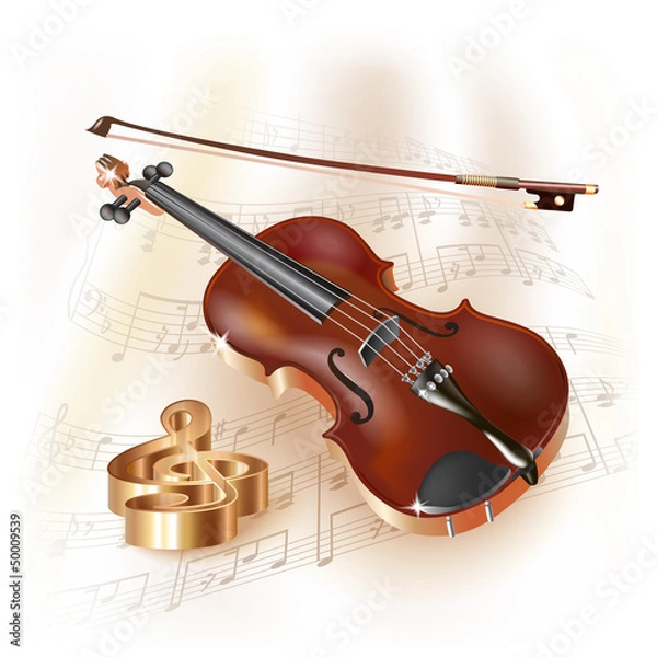 Obraz Classical violin on white background with musical notes