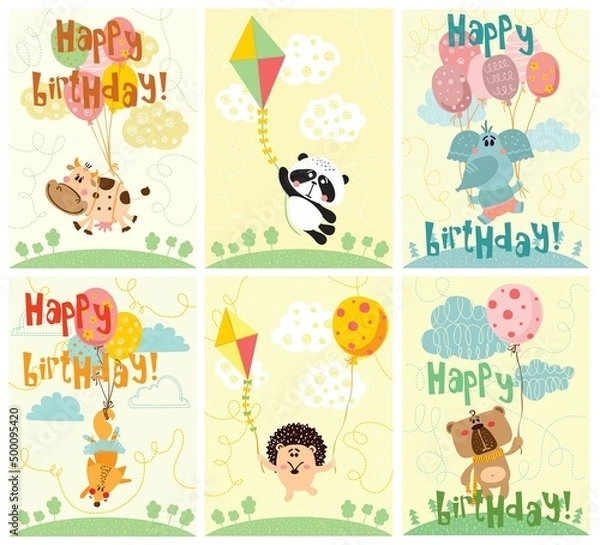 Fototapeta Vector cards with cute animals in simple design and funny lettering for kids greeting card design, t-shirt print, inspiration poster.
