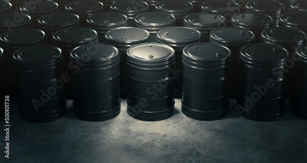 Obraz 3d Rendering, illustratoion of black oil barrels on a grey background
