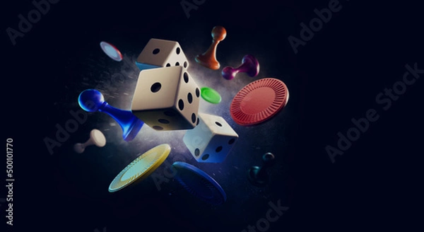 Fototapeta Assorted game board pieces in mid air. 3D illustration, Rendering