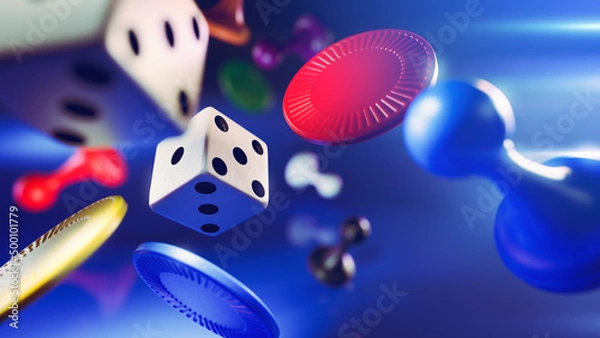 Fototapeta Assorted game board pieces in mid air. 3D illustration, Rendering