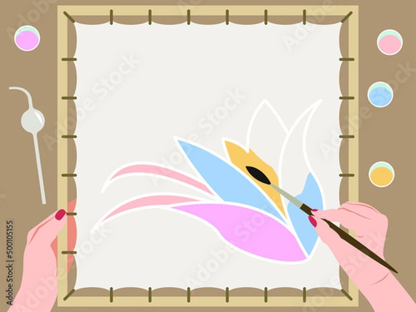 Fototapeta Vector graphics - hands with a brush draw a flower on a fabric stretched on a square stretcher close-up. Concept hand craft batik and hobby