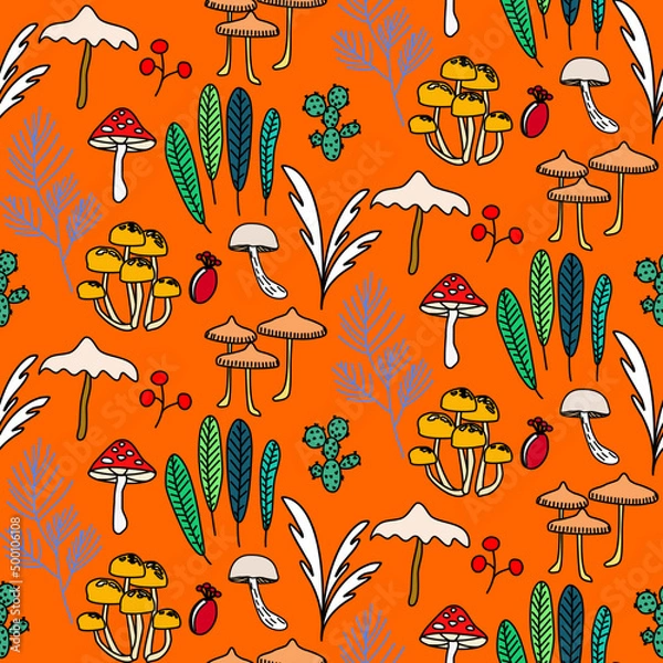 Fototapeta Vector seamless half-drop pattern, with mushrooms and cactus