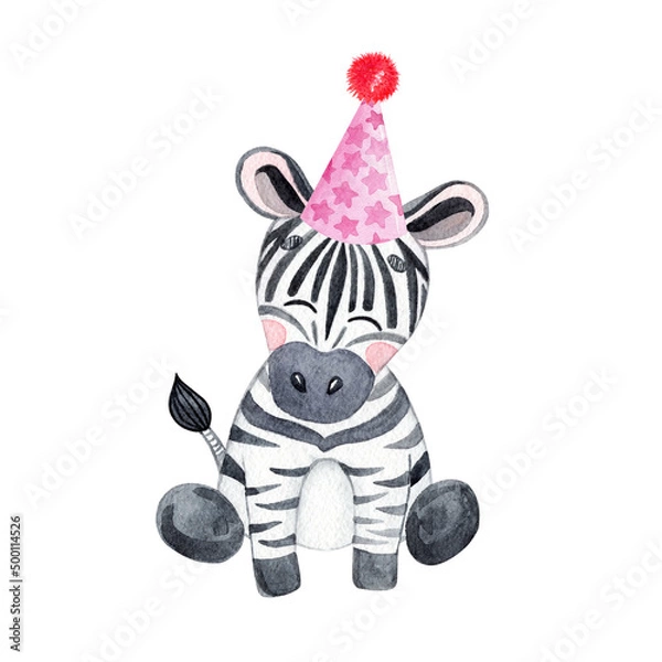 Obraz Watercolor zebra in party hat isolated on white background