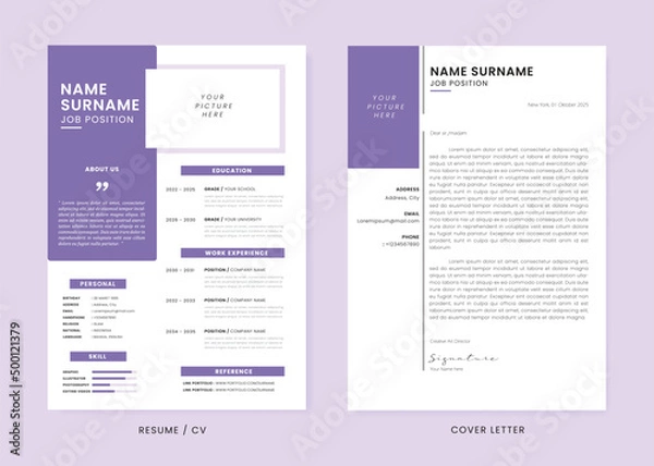 Obraz Minimalis CV Resume and Cover Letter Design Template. Super Clean and Clear Professional Modern Design. Stylish Minimalis Elements and Icons with Purple Color - Vector Template