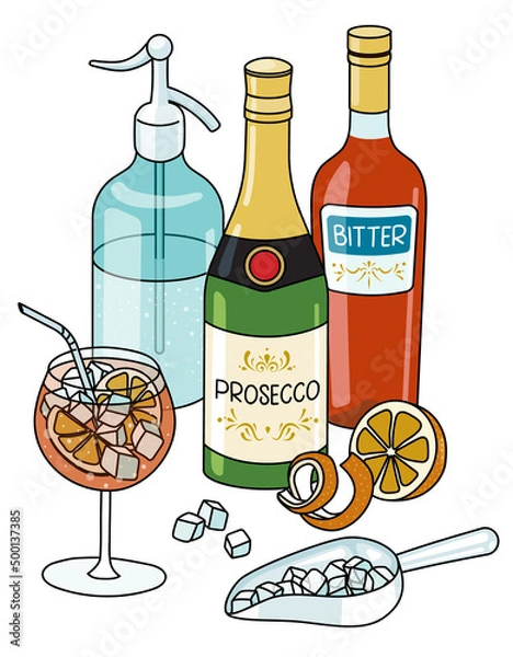 Fototapeta Doodle cartoon Venetian Spritz cocktail and ingredients composition. Bottles of Italian red bitter and prosecco, soda water siphon, orange fruit and ice scoop. For menu or alcohol cook book recipe.