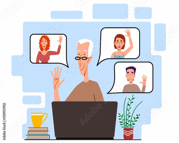 Fototapeta Illustration of a virtual meeting with different people who say hello. The concept of an online meeting with young men and women. Freelancers greet each other. Vector illustration in a flat style