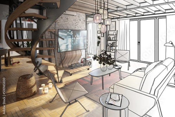Fototapeta Attic Loft Conversion With Spiral Staircase & Home Cinema (draft) - 3d visualization