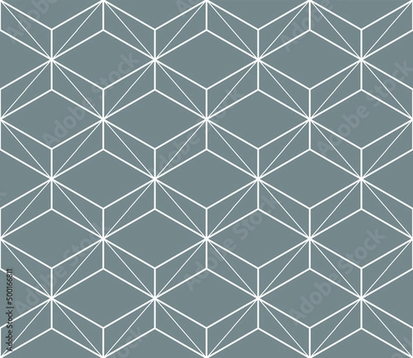 Fototapeta 3d effect abstract box shapes line art in a repeating pattern in white outlines on a gray background, geometric vector illustration