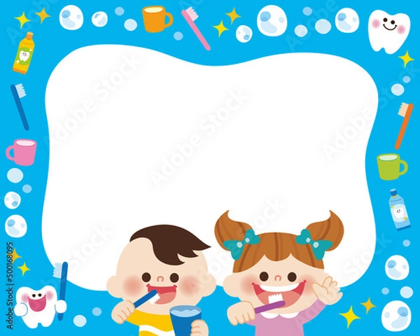 Obraz 歯磨きをしているこどものフレームのイラスト