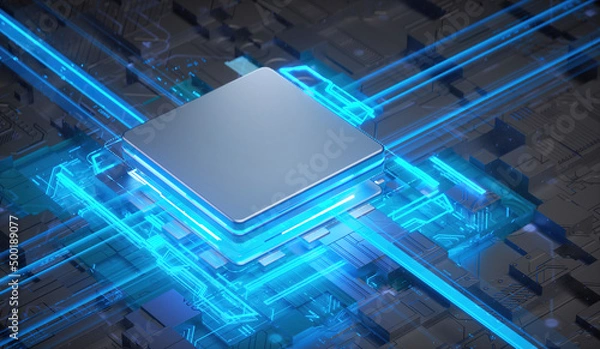 Fototapeta 3D rendering of cyberpunk AI. Circuit board. Technology background. Central Computer Processors CPU and GPU concept. Motherboard digital chip. Tech science background.