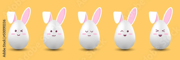 Fototapeta Happy Easter. Kawaii rabbit body 3d egg with various expressions of emotions laughter, calmness, winking, friendliness, begging, naivety, happiness, charm, embarrassment. On a yellow background.	