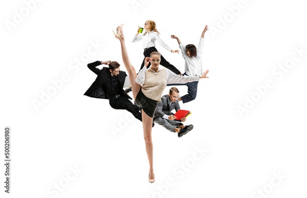 Fototapeta Young office workers jumping and dancing in busness style clothes or suit with folders and gadgets on white background. Creative collage.