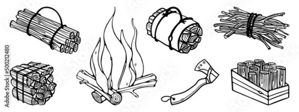 Fototapeta Bundle of firewood Set outline doodle vector illustration. Campfire and axe. Branches and firewood tied with rope