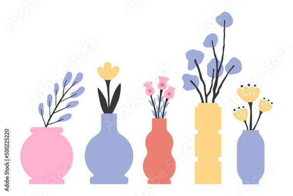 Fototapeta Collection of holiday posters with flower bouquets in vases. Vintage vector botanical illustration on Easter card