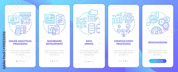 Obraz BI techniques blue gradient onboarding mobile app screen. Data mining. Walkthrough 5 steps graphic instructions pages with linear concepts. UI, UX, GUI template. Myriad Pro-Bold, Regular fonts used