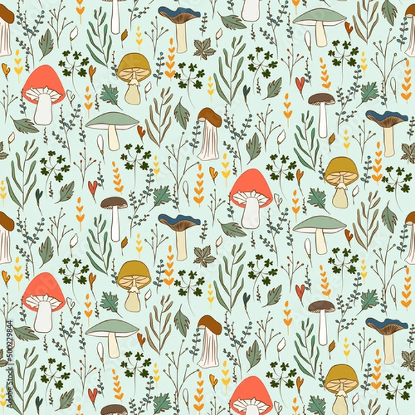 Fototapeta Vector seamless half-drop pattern, with mushrooms and leaves
