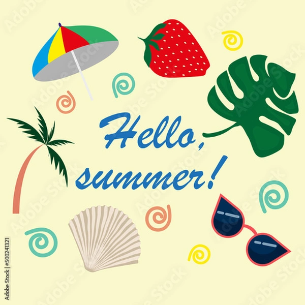 Fototapeta "Hello, summer!", postcard, banner with the image of leaves, palm trees, glasses, strawberries, shells, umbrella in the flat style on a yellow background