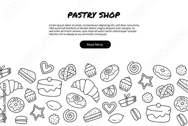 Fototapeta Hand drawn template with sweets such as cake, donut, cupcake, croissant. Doodle sketch style. Illustration for pastry shop.