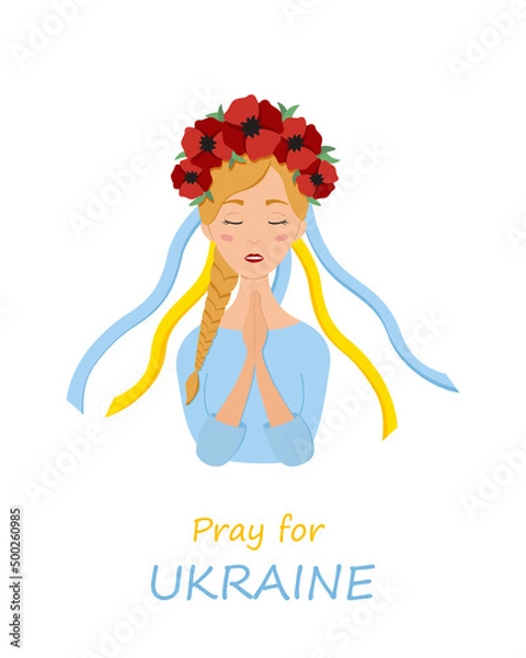 Obraz Beautiful ukrainian woman in a wreath with poppies prays for Ukraine. Stop war.