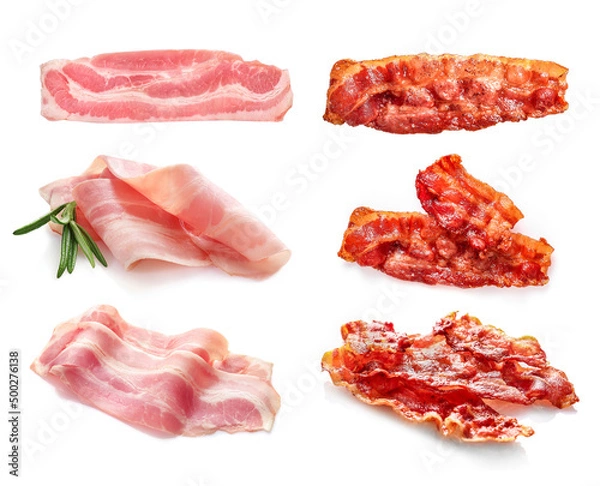 Obraz Set of fried crispy bacon slices isolated on white background.