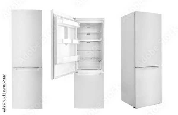 Fototapeta Set of white fridges isolated on white background.