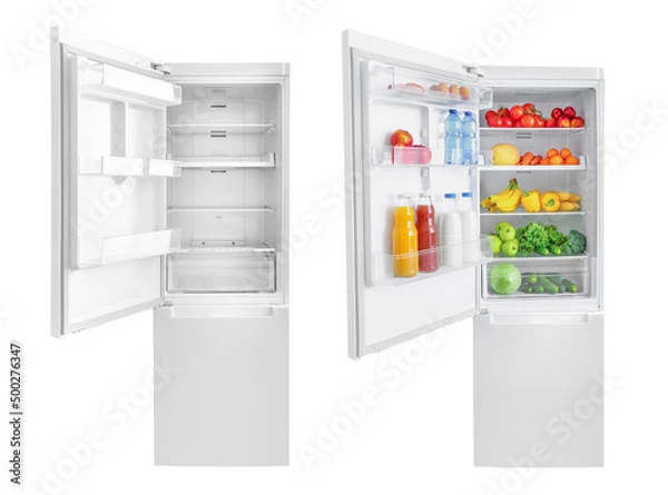 Obraz Set of open empty fridge and fridge full of vegetables isolated on  white background.