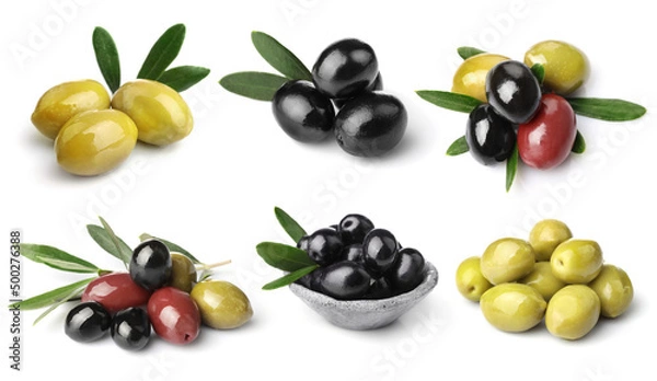 Fototapeta Set of green, red and black olives isolated on white background