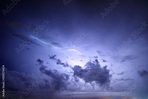 Fototapeta Thunderstorm above Cagliari, Sardinia, Italy.
A lightning lighting up behind some clouds.
