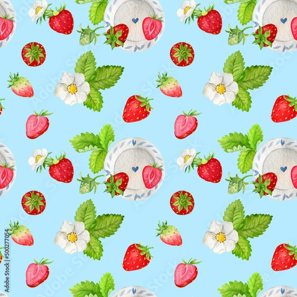 Fototapeta Seamless watercolor  pattern with strawberry 