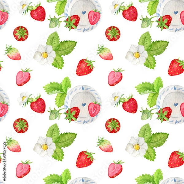 Fototapeta Seamless watercolor  pattern with strawberry 